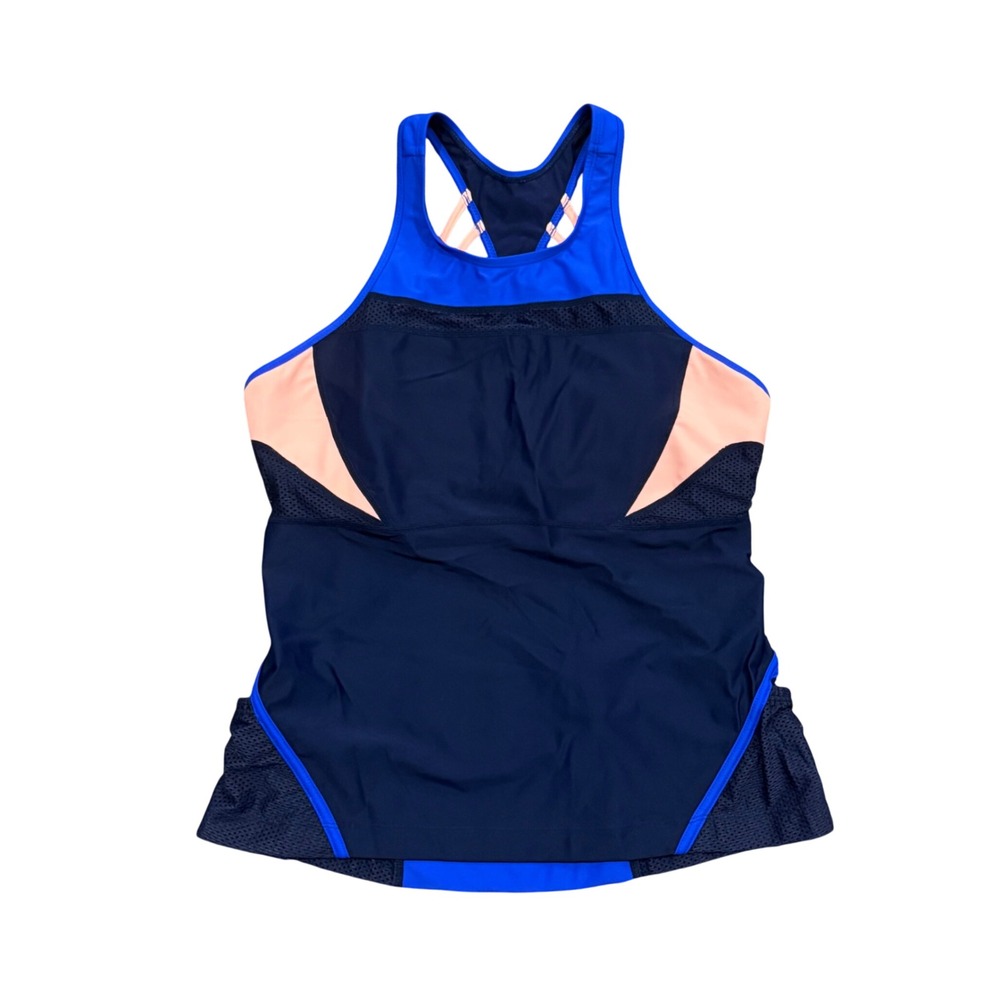 Athleta Womens Tri-Ssential Cycling Tankini Top Blue Peach Mesh Rear Pockets L